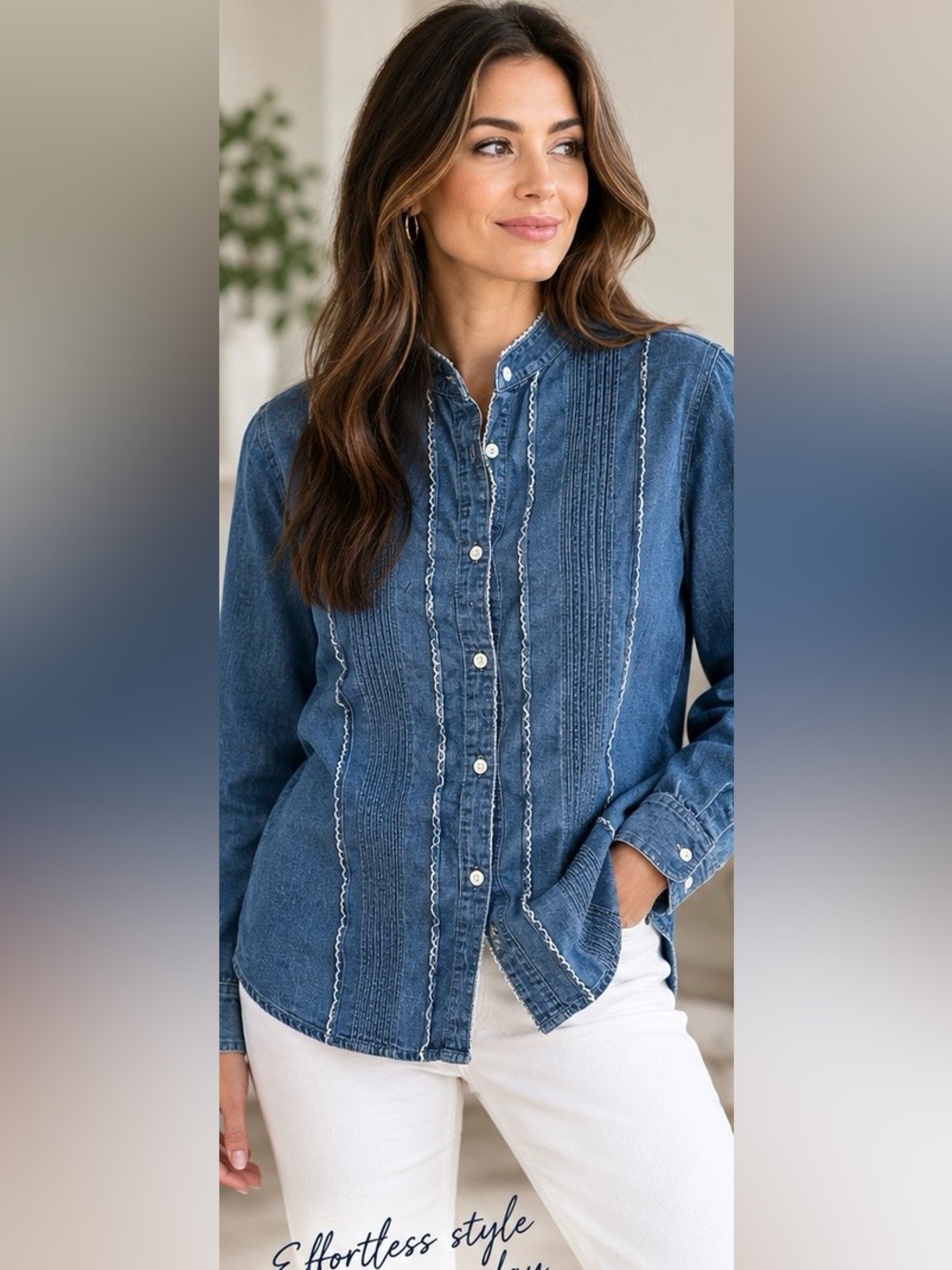 Ralph Lauren Blue Chambray Denim Pintuck Button-Down Shirt W/ Scalloped Trim